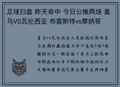 足球扫盘 昨天命中 今日公推两场 皇马VS瓦伦西亚 布雷斯特vs摩纳哥