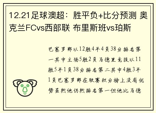 12.21足球澳超：胜平负+比分预测 奥克兰FCvs西部联 布里斯班vs珀斯