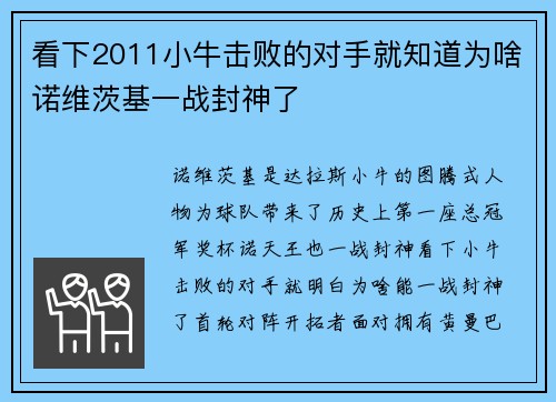 看下2011小牛击败的对手就知道为啥诺维茨基一战封神了